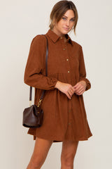 Brown Corduroy Button Down Maternity Dress