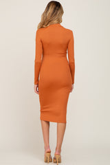 Orange Ribbed Fitted Mock Neck Long Sleeve Maternity Dress