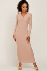 Taupe Ribbed Long Sleeve Maternity Maxi Dress