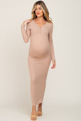 Taupe Ribbed Long Sleeve Maternity Maxi Dress