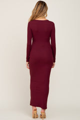 Burgundy Ribbed Long Sleeve Maternity Maxi Dress