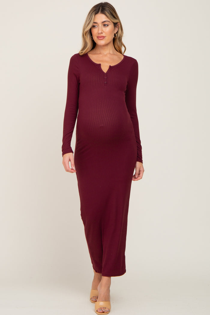 Burgundy Ribbed Long Sleeve Maternity Maxi Dress