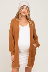 Camel Fuzzy Long Maternity Cardigan