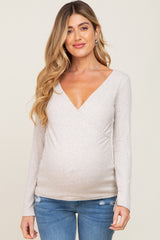 Beige Ribbed Long Sleeve Wrap Maternity Nursing Top