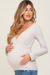 Beige Ribbed Long Sleeve Wrap Maternity Nursing Top