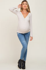 Beige Ribbed Long Sleeve Wrap Maternity Nursing Top