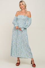 Light Blue Floral Off Shoulder Long Sleeve Maternity Maxi Dress