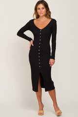 Black Ribbed Button Accent Long Sleeve Maternity Midi Dress