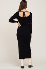 Black Ribbed Side Slit Long Sleeve Maternity Maxi Dress