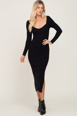 Black Ribbed Side Slit Long Sleeve Maternity Maxi Dress