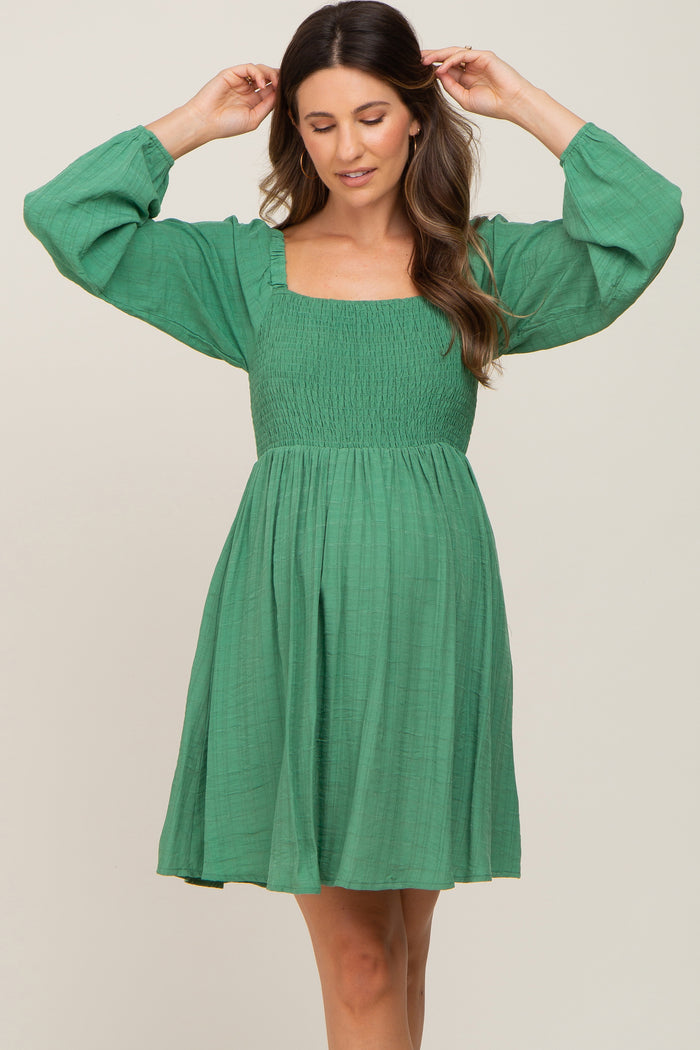 Green Smocked Long Sleeve Maternity Dress
