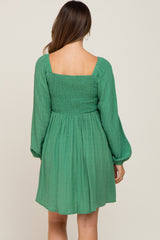 Green Smocked Long Sleeve Maternity Dress