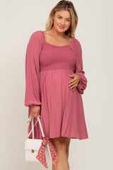 Magenta Smocked Long Sleeve Maternity Plus Dress