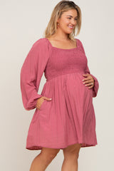 Magenta Smocked Long Sleeve Maternity Plus Dress