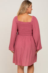 Magenta Smocked Long Sleeve Maternity Plus Dress