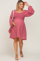 Magenta Smocked Long Sleeve Maternity Plus Dress