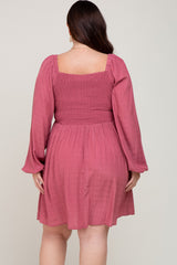 Magenta Smocked Long Sleeve Plus Dress