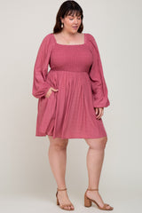 Magenta Smocked Long Sleeve Maternity Plus Dress