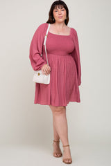 Magenta Smocked Long Sleeve Plus Dress