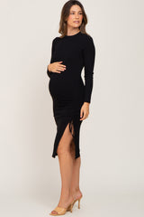 Black Ribbed Cinched Slit Maternity Dress