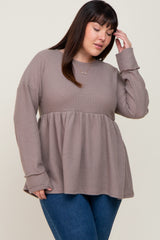 Mocha Waffle Knit Long Sleeve Plus Top