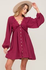 Burgundy Crochet Lace Button Front Maternity Dress