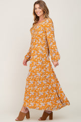 Yellow Floral Button Front Long Sleeve Maxi Dress