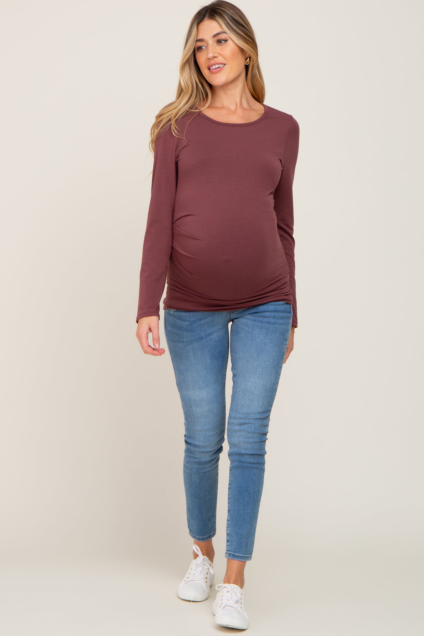 Burgundy Ruched Side Long Sleeve Maternity Top