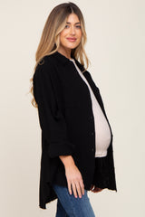 Black Frayed Hem Button Down Maternity Top