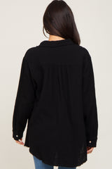 Black Frayed Hem Button Down Top