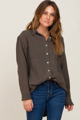 Olive Frayed Hem Button Down Top