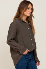 Olive Frayed Hem Button Down Top