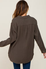 Olive Frayed Hem Button Down Top