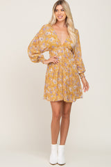 Yellow Floral Chiffon Pleated Long Sleeve Dress