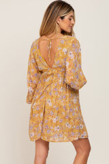 Yellow Floral Chiffon Pleated Long Sleeve Maternity Dress