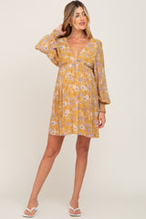 Yellow Floral Chiffon Pleated Long Sleeve Maternity Dress