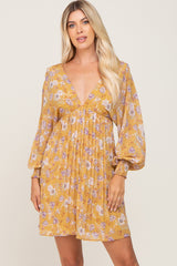 Yellow Floral Chiffon Pleated Long Sleeve Maternity Dress