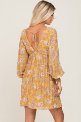 Yellow Floral Chiffon Pleated Long Sleeve Dress