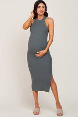 Olive Ribbed Sleeveless Side Slit Maternity Midi Dress