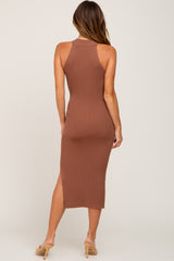 Mocha Ribbed Sleeveless Side Slit Midi Dress