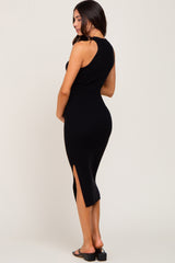 Black Ribbed Sleeveless Side Slit Maternity Midi Dress