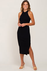 Black Ribbed Sleeveless Side Slit Midi Dress