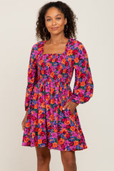 Magenta Floral Smocked 3/4 Sleeve Dress