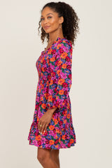 Magenta Floral Smocked 3/4 Sleeve Dress