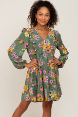 Green Floral Ruffle Accent Long Sleeve Maternity Dress