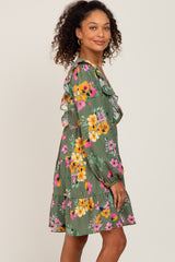 Green Floral Ruffle Accent Long Sleeve Dress