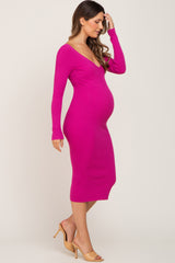 Fuchsia Knit Ribbed Maternity Midi Dress