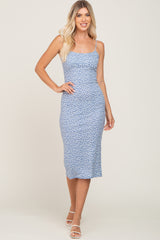 Blue Printed Ribbed Sleeveless Maternity Midi Dress