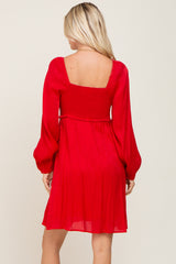 Red Shimmer Smocked Long Sleeve Dress