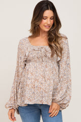 Taupe Floral Smocked Ruffled Long Sleeve Maternity Top